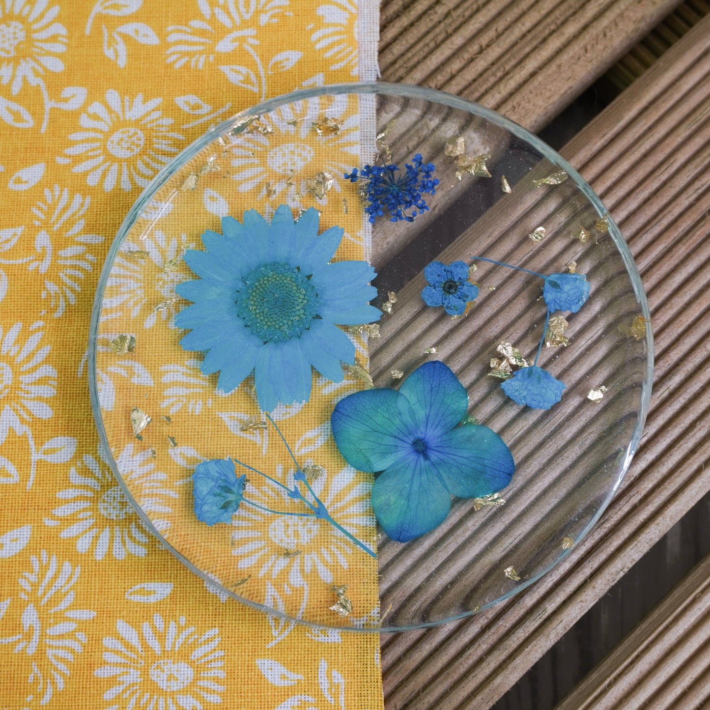 Resin Coaster with Real Dried Flowers & Gold Flakes in Color Blue