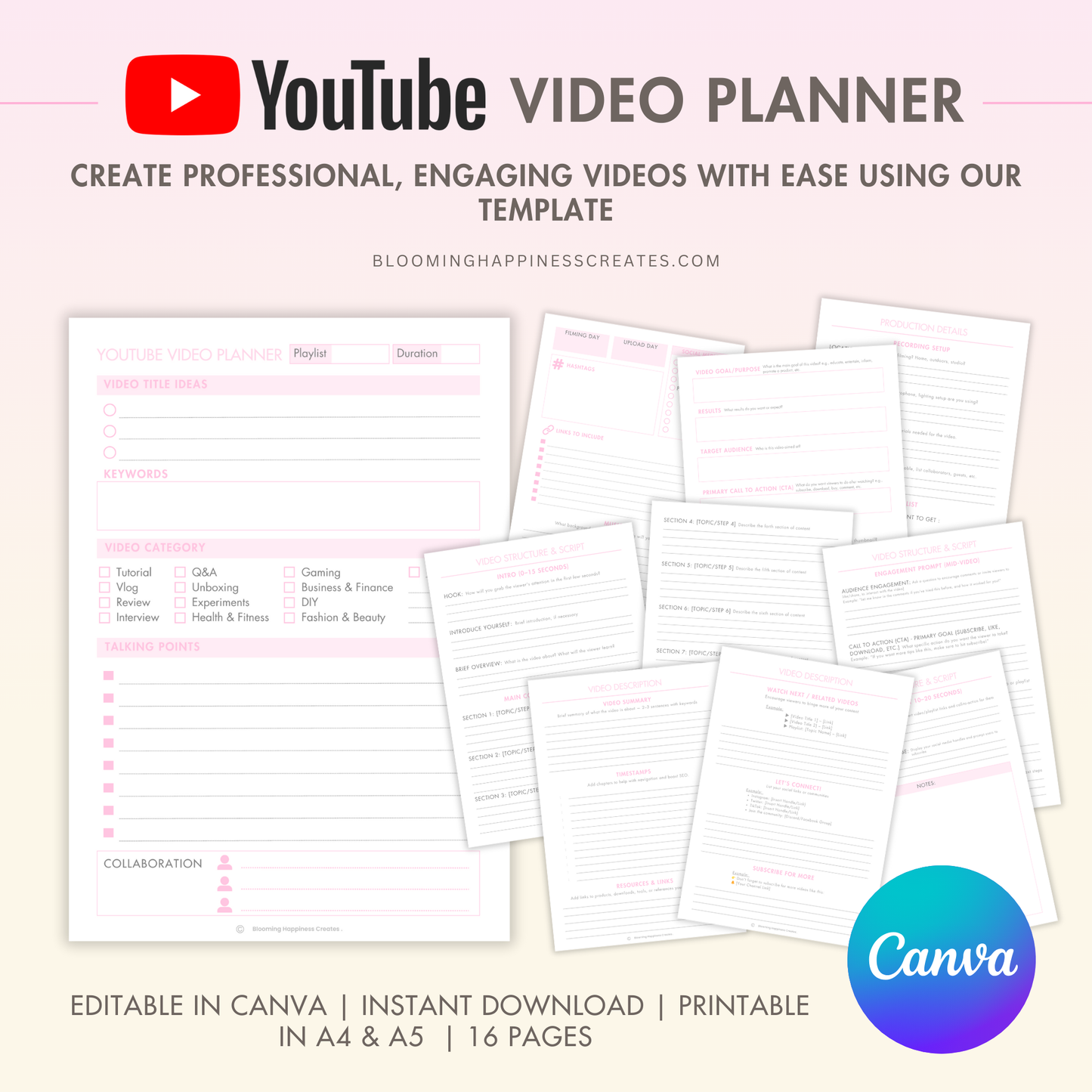 YouTube Video Script Planner, Content Creation Organizer, Editable Canva Template, Instant Download , Printable Template