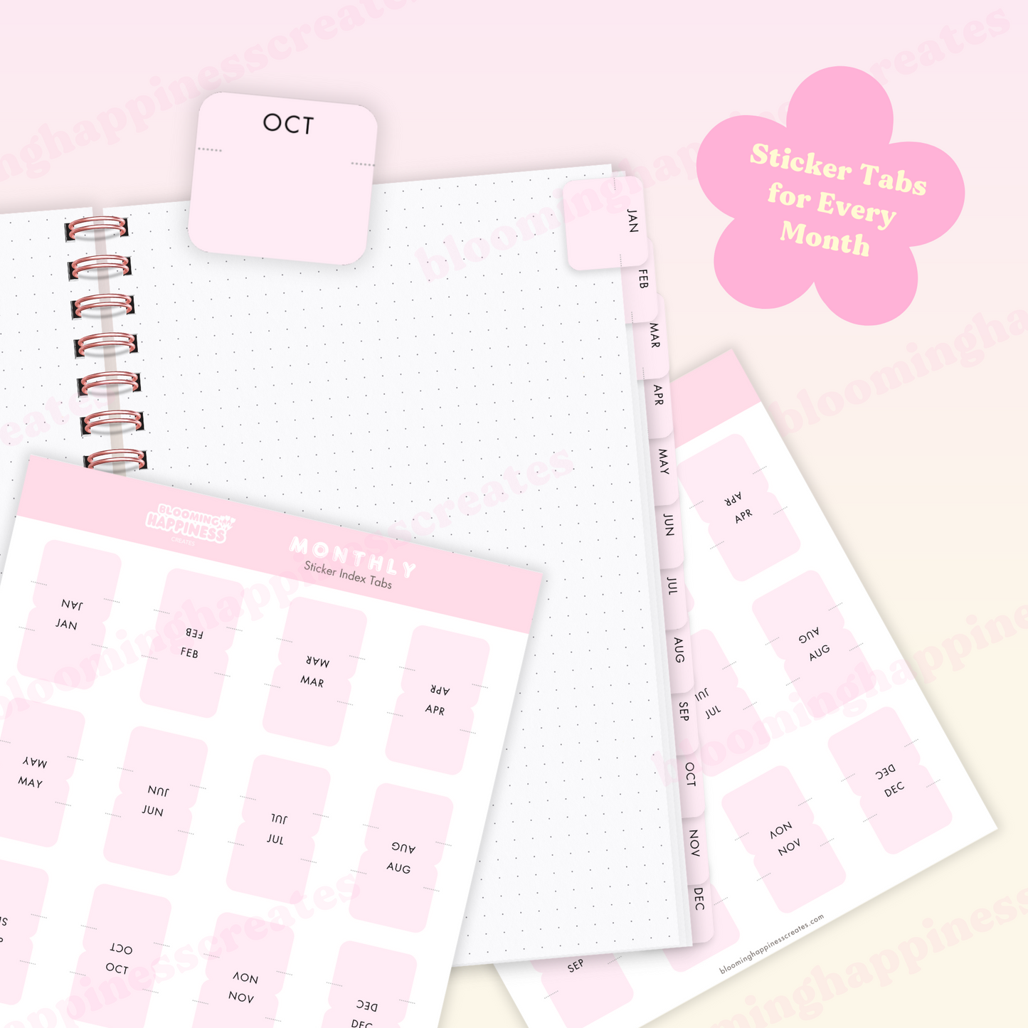 Monthly Index Tabs | Sticker Sheet | Light Pink