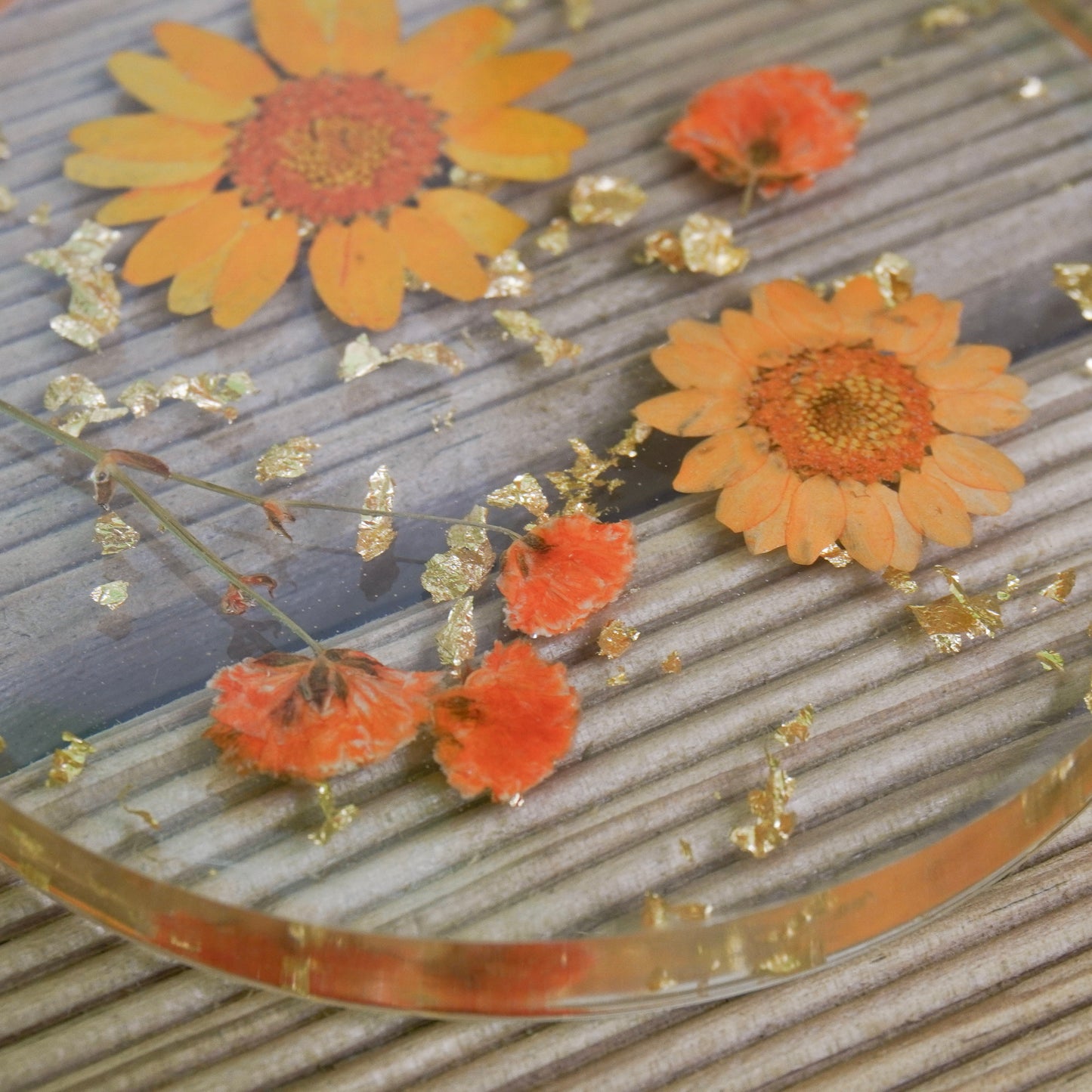 Resin Coaster with Real Dried Flowers & Gold Flakes in Color Orange