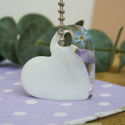 Violet Bloom Heart Resin Keychain – Real Pressed Flowers & Silver Flakes