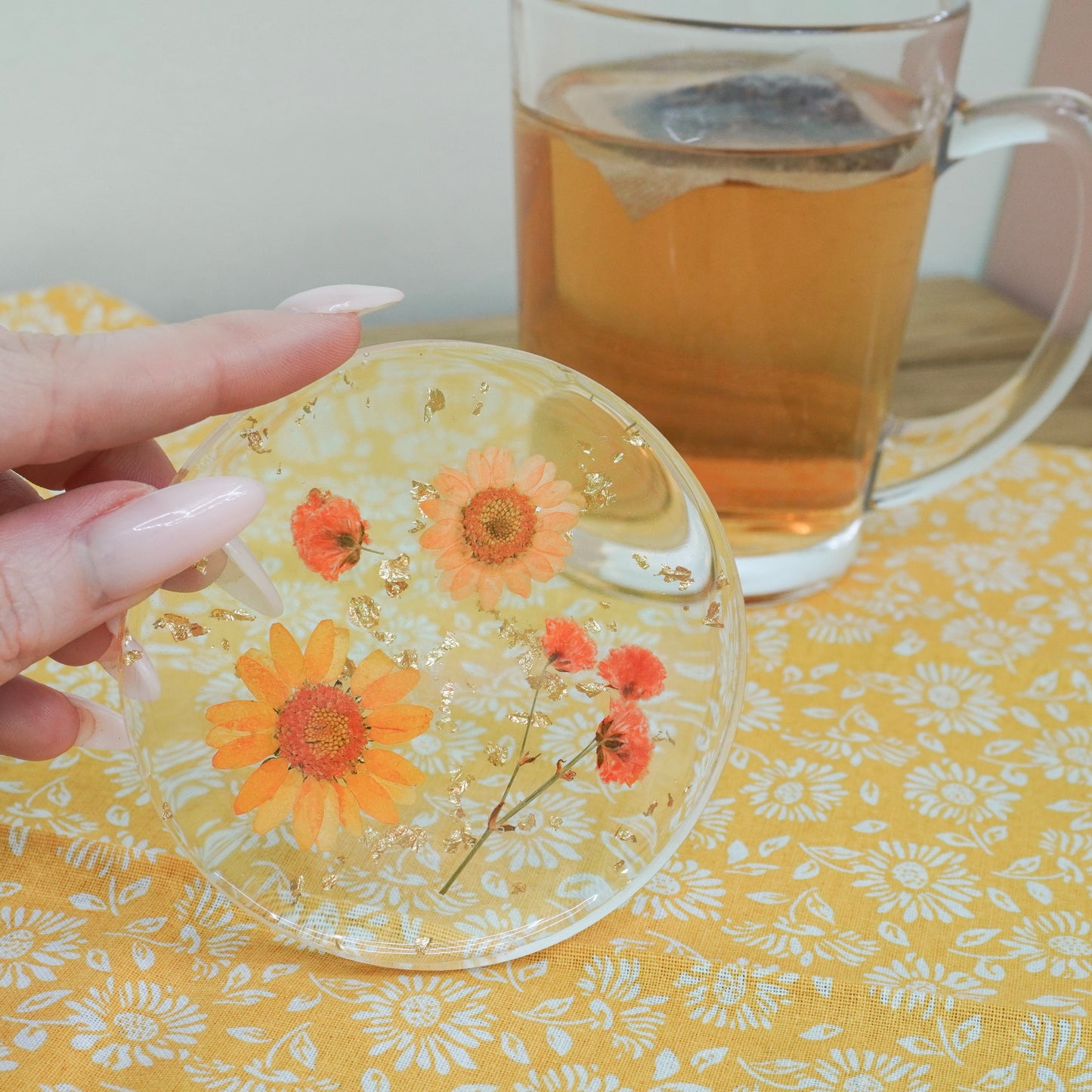 Resin Coaster with Real Dried Flowers & Gold Flakes in Color Orange
