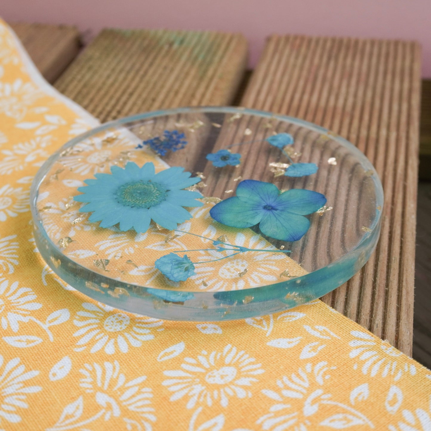 Resin Coaster with Real Dried Flowers & Gold Flakes in Color Blue