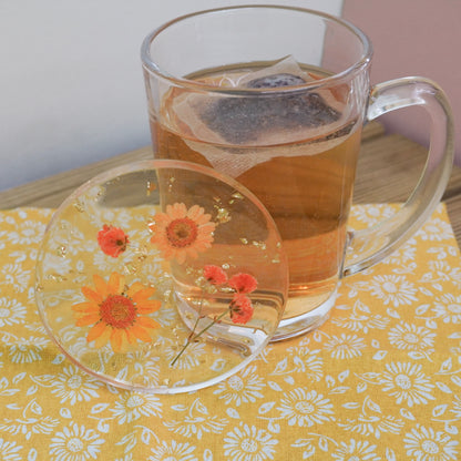 Resin Coaster with Real Dried Flowers & Gold Flakes in Color Orange