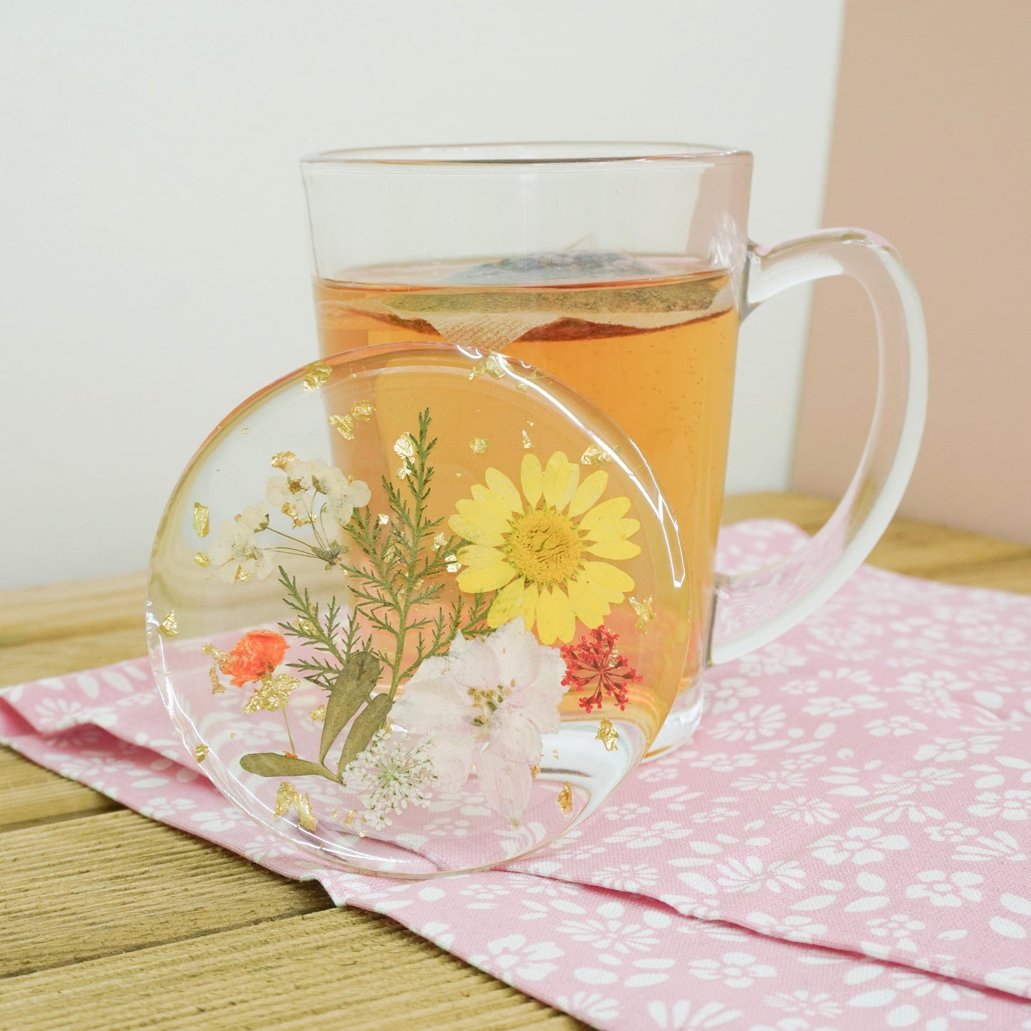 Resin Coaster with Real Dried Flowers & Gold Flakes