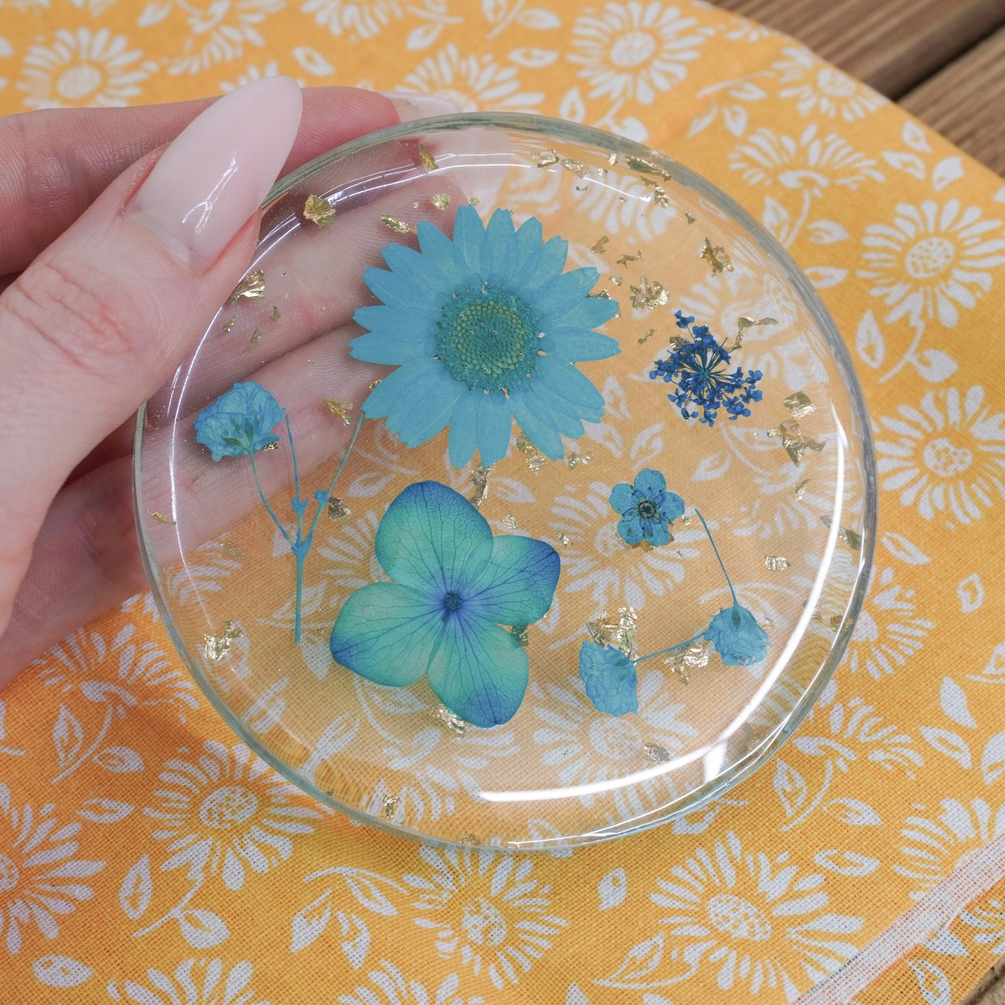 Resin Coaster with Real Dried Flowers & Gold Flakes in Color Blue