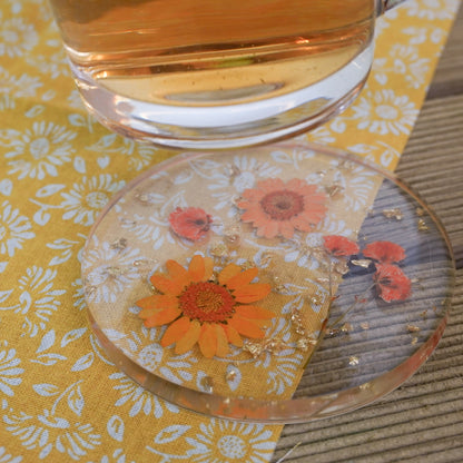 Resin Coaster with Real Dried Flowers & Gold Flakes in Color Orange