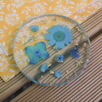 Resin Coaster with Real Dried Flowers & Gold Flakes in Color Blue