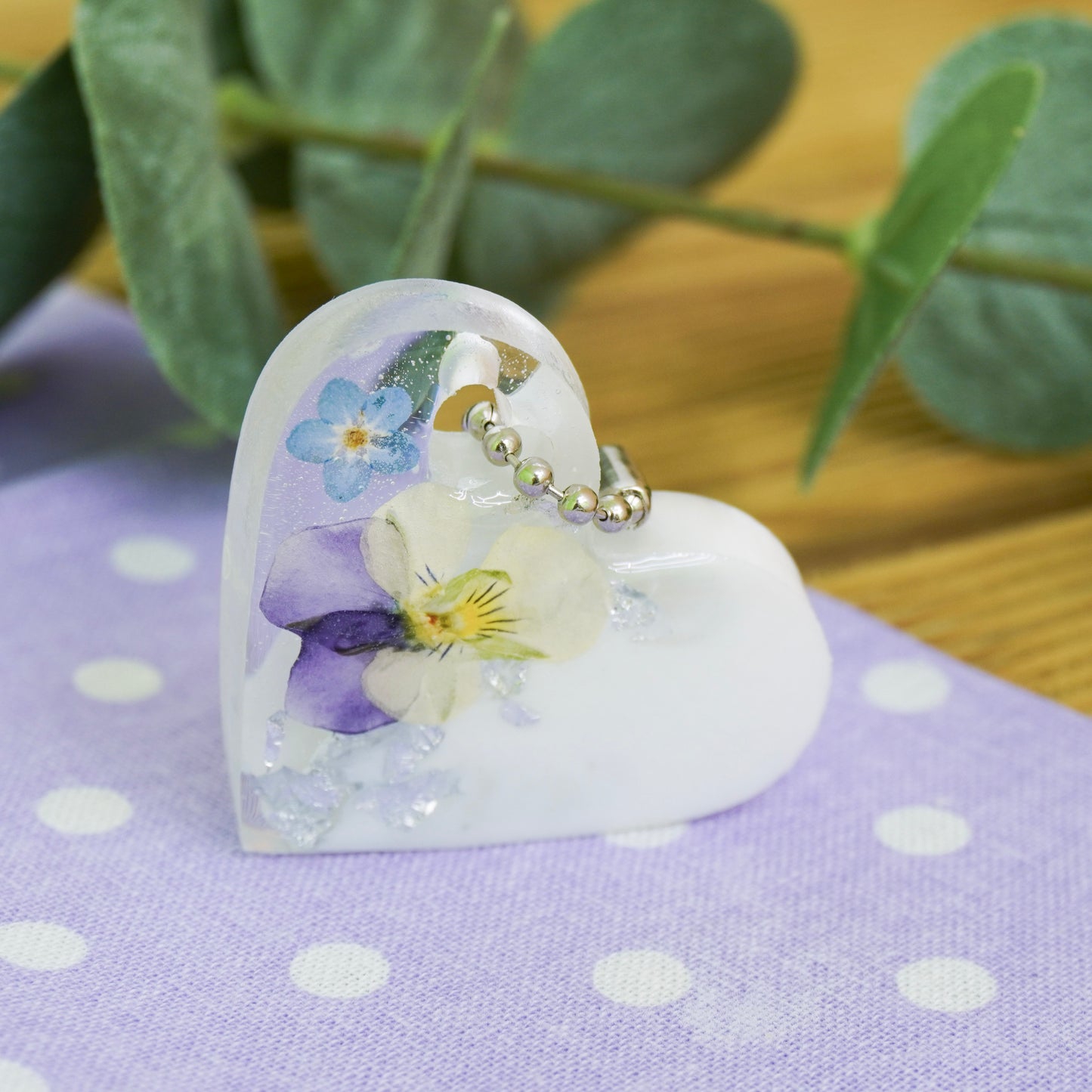 Violet Bloom Heart Resin Keychain – Real Pressed Flowers & Silver Flakes