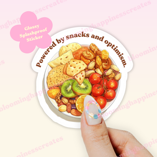 Powered by Snacks and Optimism | Die-Cut Glossy Sticker