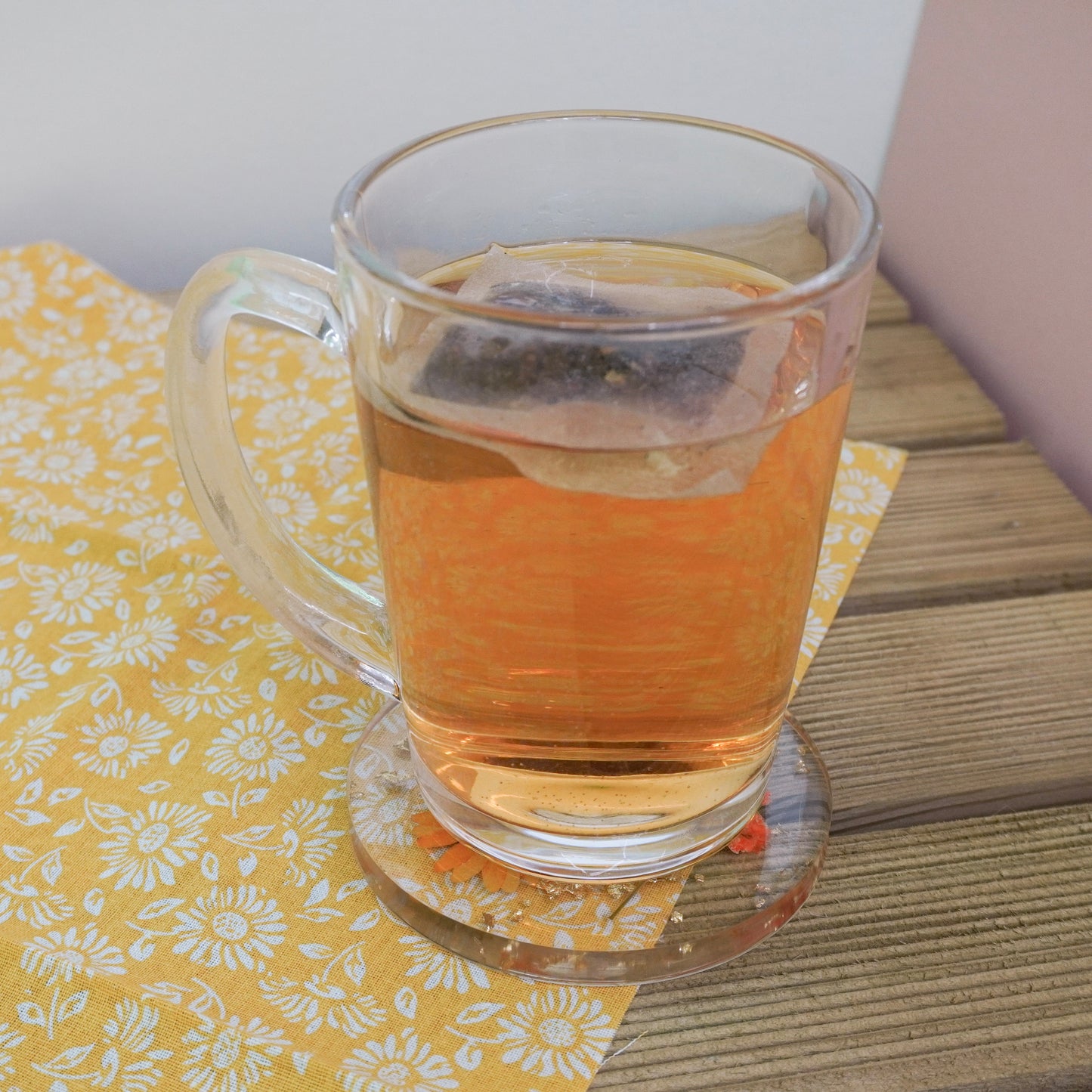 Resin Coaster with Real Dried Flowers & Gold Flakes in Color Orange