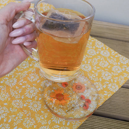 Resin Coaster with Real Dried Flowers & Gold Flakes in Color Orange
