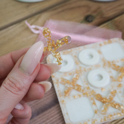 Mini On-The-Go Resin Tic Tac Toe – White Pearl & Gold Flakes Edition