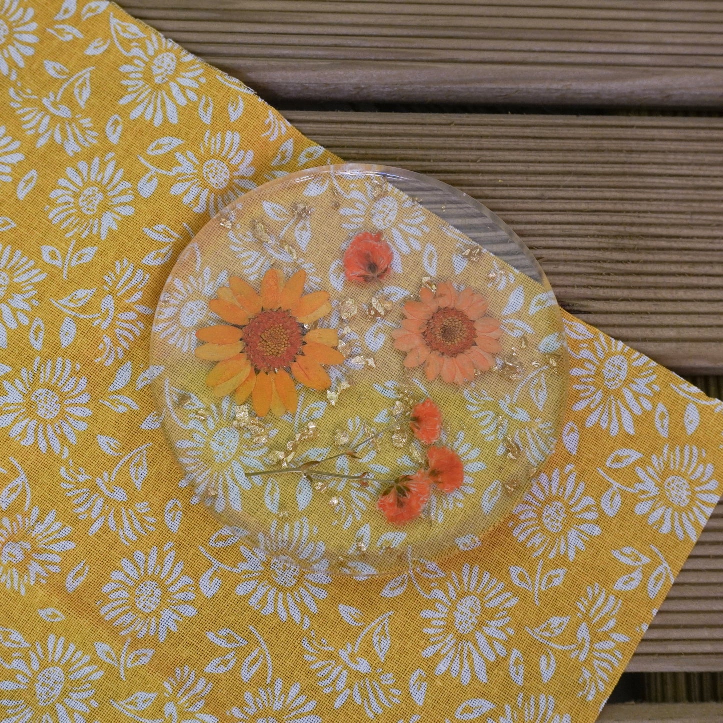 Resin Coaster with Real Dried Flowers & Gold Flakes in Color Orange
