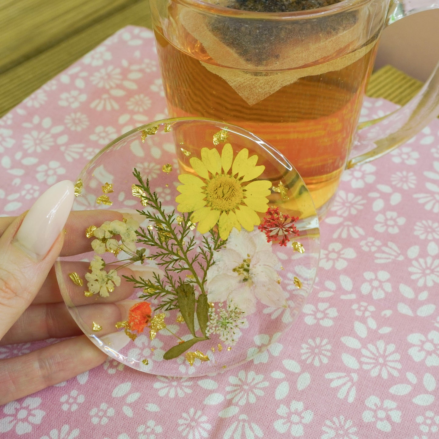 Resin Coaster with Real Dried Flowers & Gold Flakes