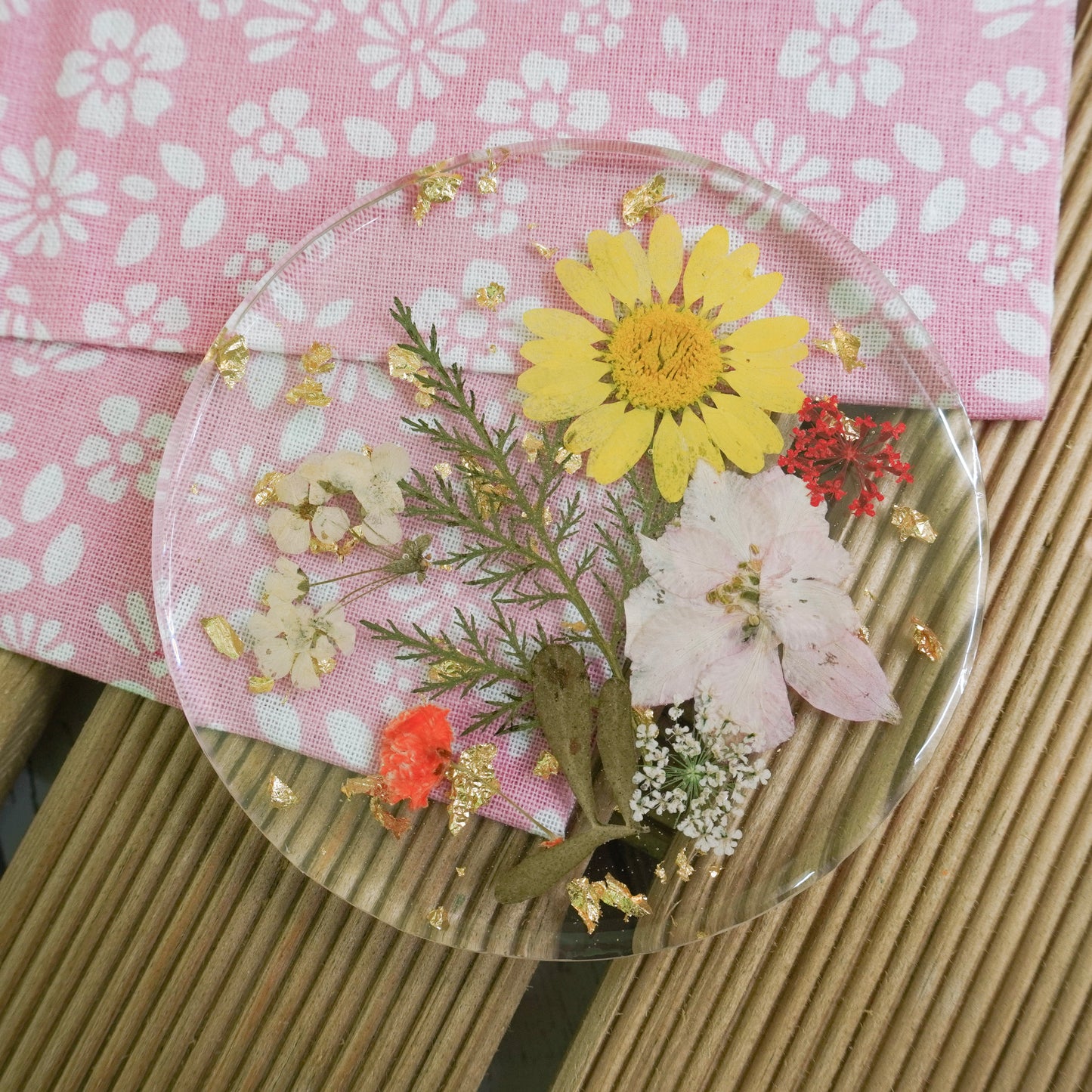 Resin Coaster with Real Dried Flowers & Gold Flakes