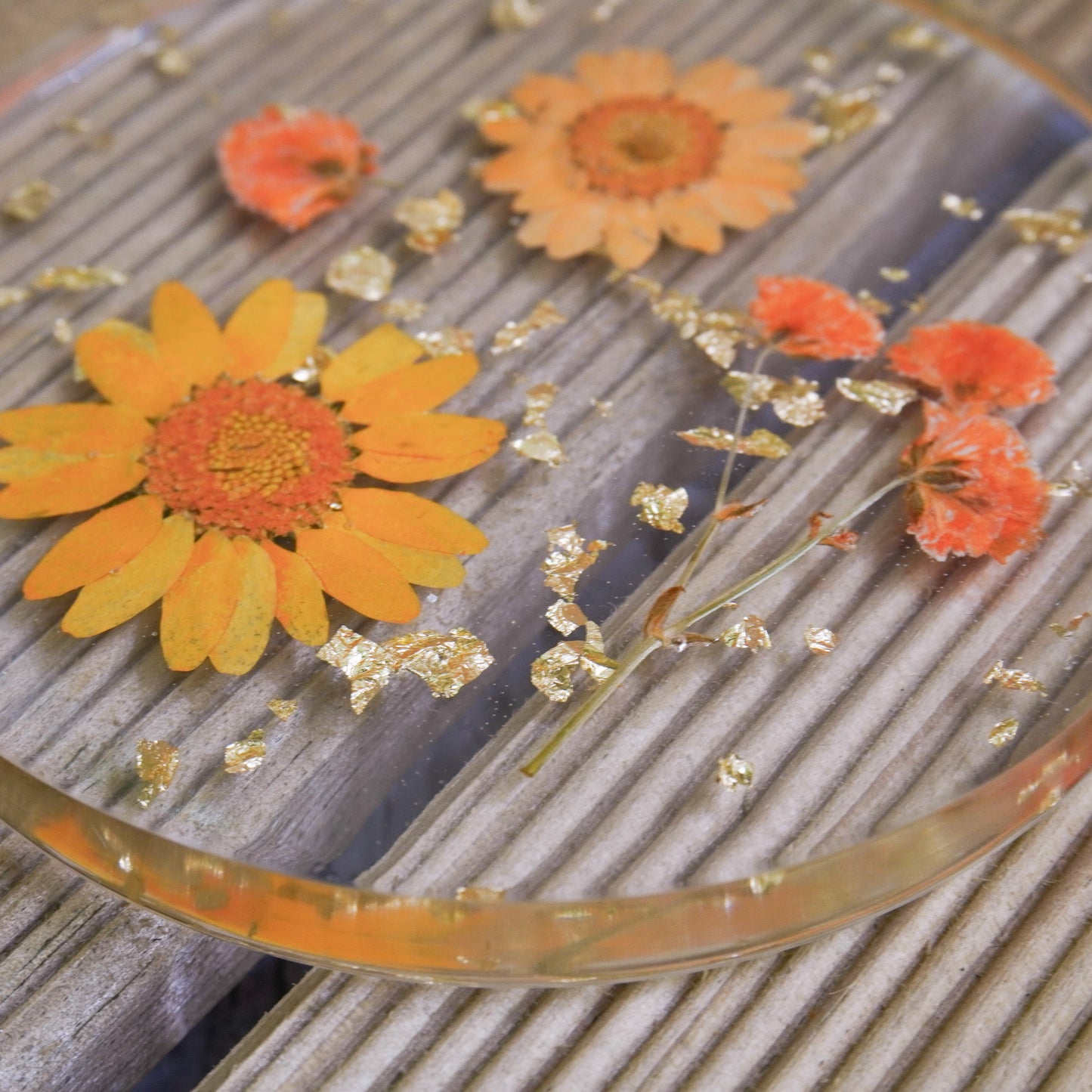 Resin Coaster with Real Dried Flowers & Gold Flakes in Color Orange