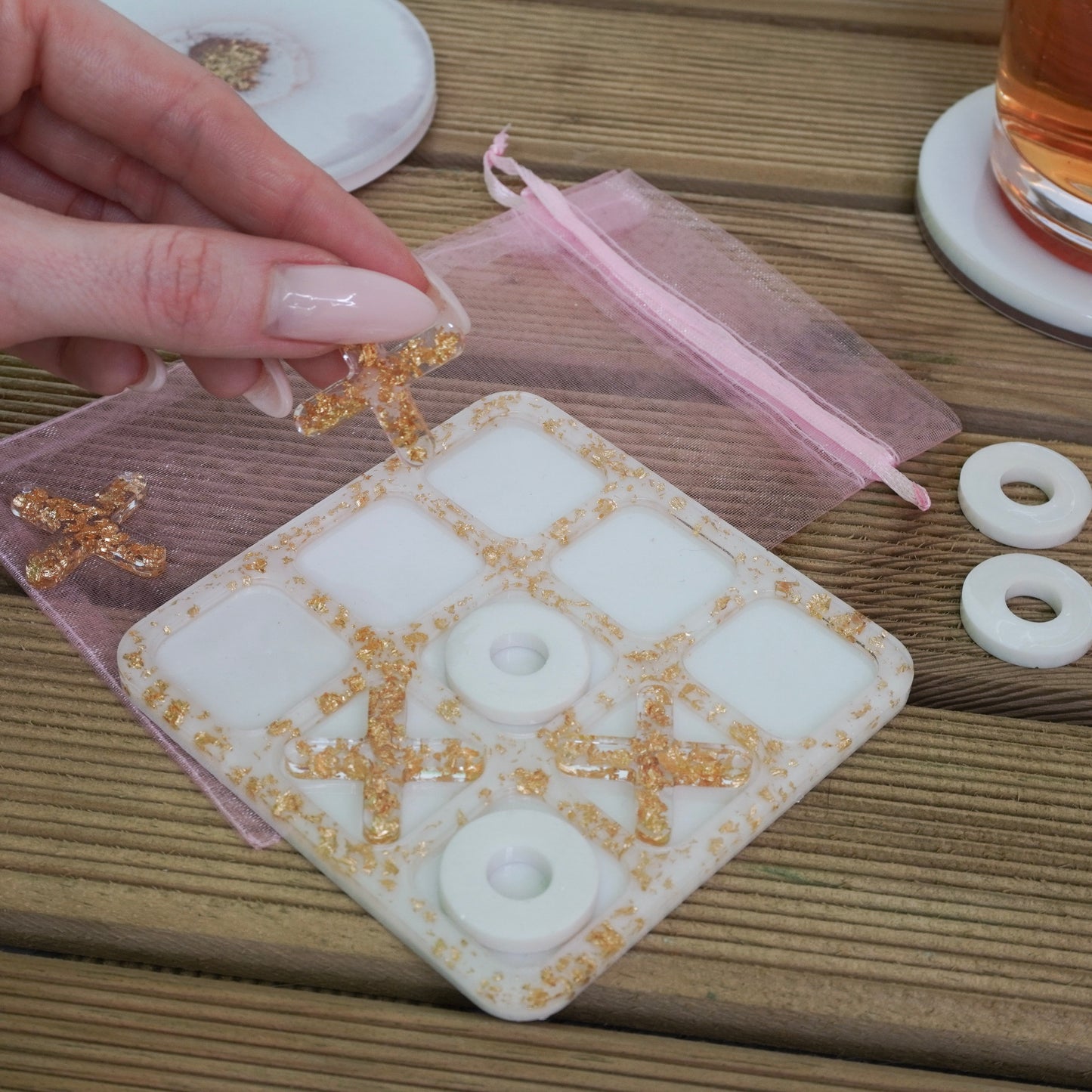 Mini On-The-Go Resin Tic Tac Toe – White Pearl & Gold Flakes Edition