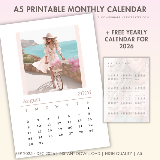A5 Printable Monthly Calendar | Sep 25 - Dec 26