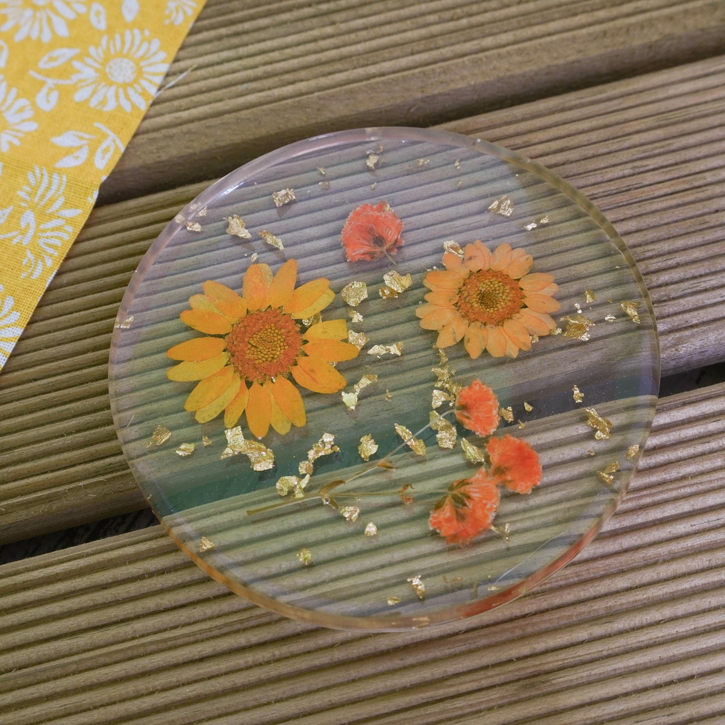 Resin Coaster with Real Dried Flowers & Gold Flakes in Color Orange