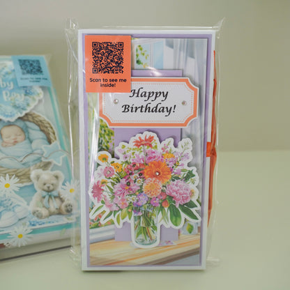 💜 Happy Birthday Card with Fresh Flowers & Joyful Design (Purple Tones)