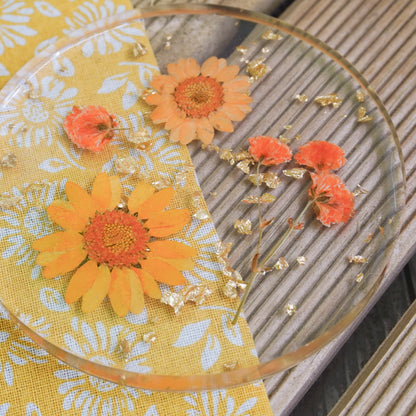 Resin Coaster with Real Dried Flowers & Gold Flakes in Color Orange