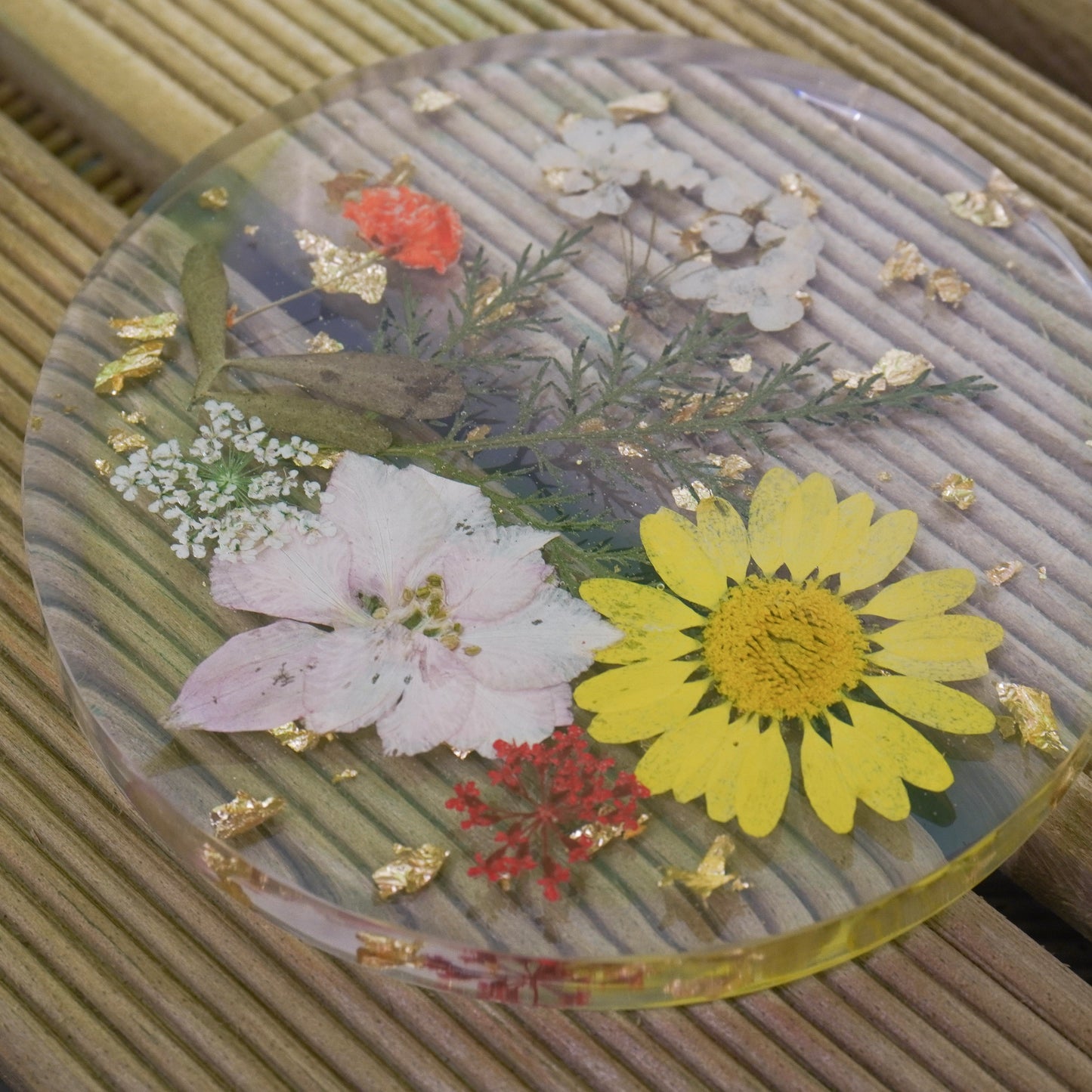 Resin Coaster with Real Dried Flowers & Gold Flakes