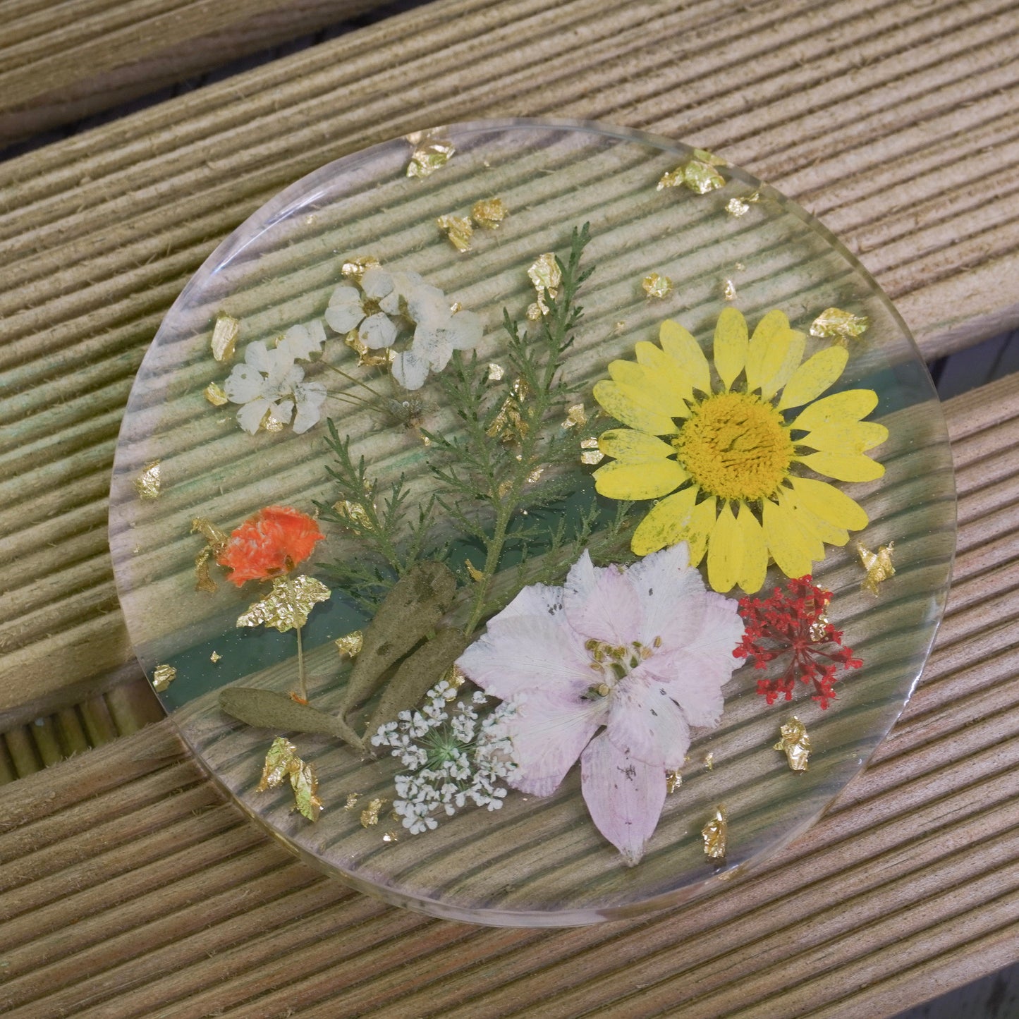 Resin Coaster with Real Dried Flowers & Gold Flakes