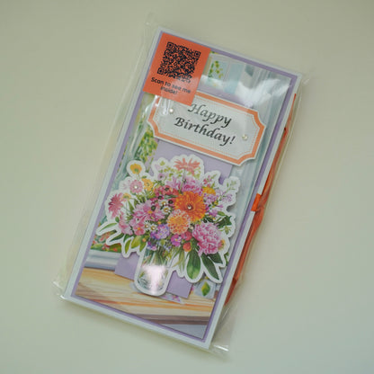 💜 Happy Birthday Card with Fresh Flowers & Joyful Design (Purple Tones)