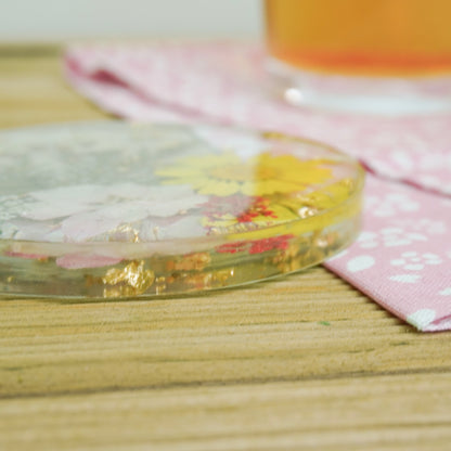 Resin Coaster with Real Dried Flowers & Gold Flakes