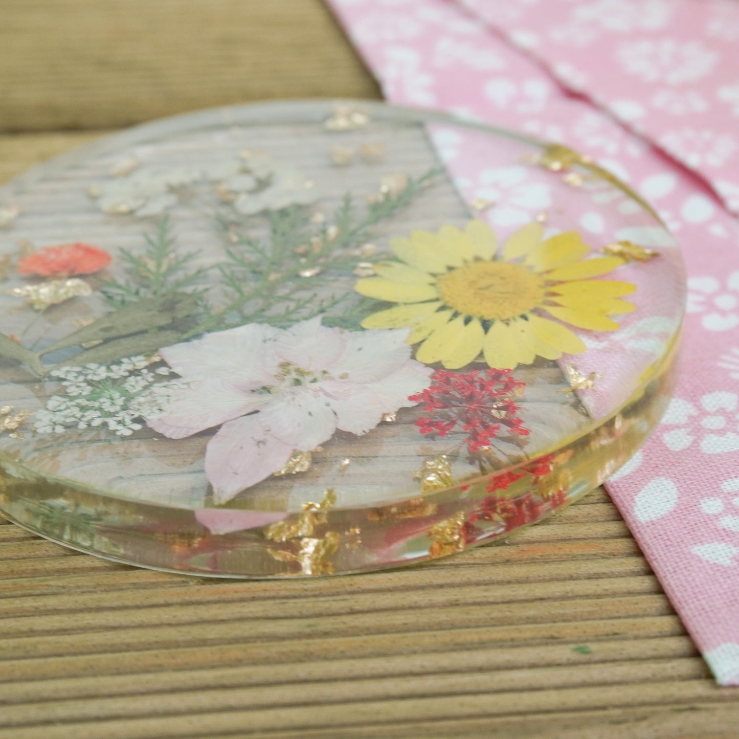 Resin Coaster with Real Dried Flowers & Gold Flakes