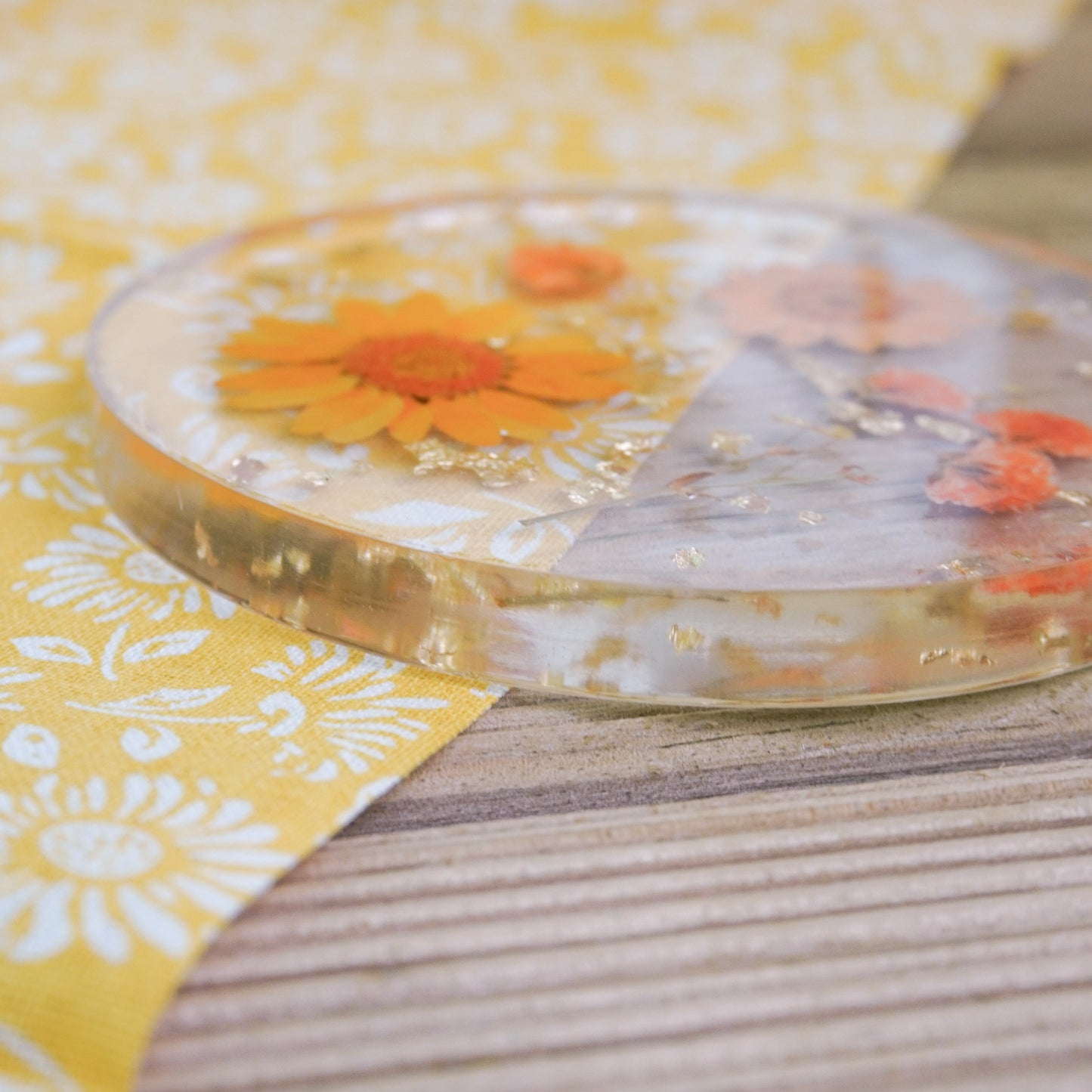 Resin Coaster with Real Dried Flowers & Gold Flakes in Color Orange