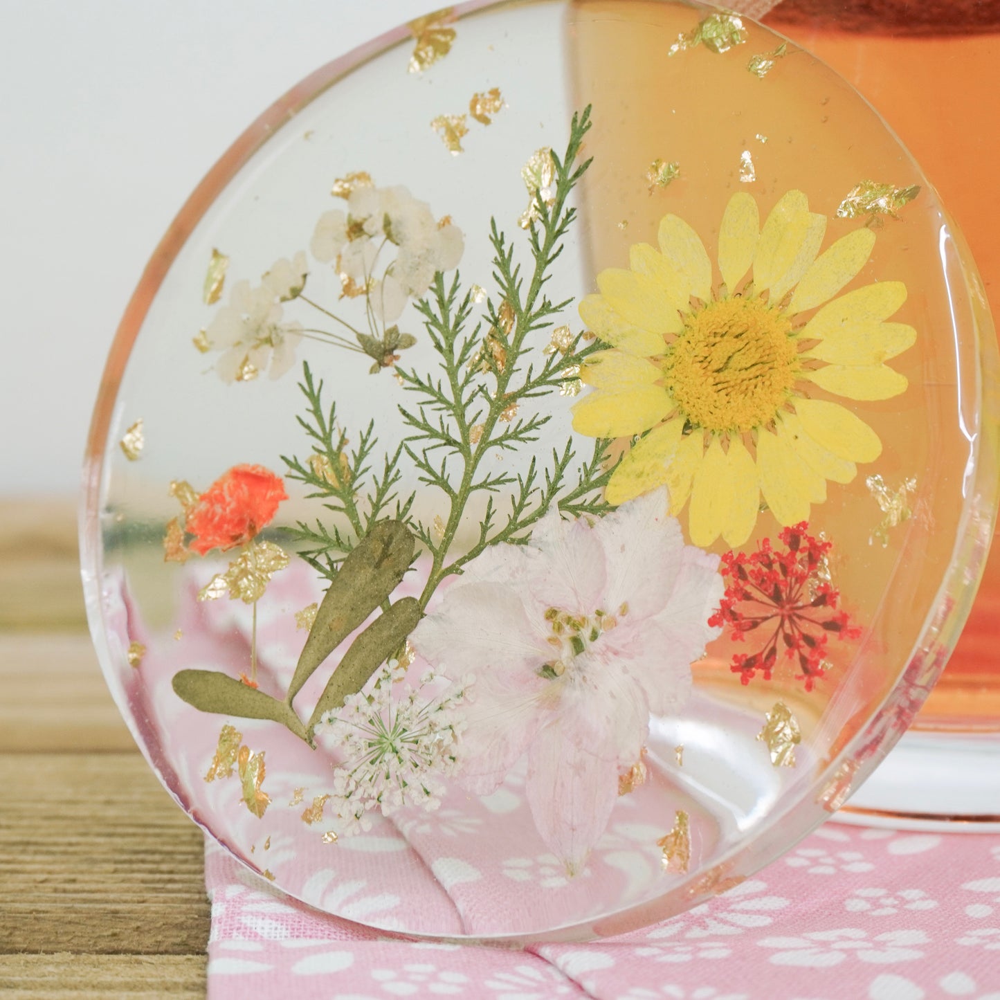 Resin Coaster with Real Dried Flowers & Gold Flakes