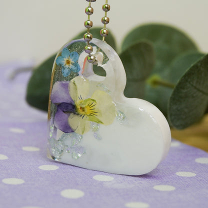 Violet Bloom Heart Resin Keychain – Real Pressed Flowers & Silver Flakes