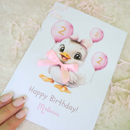 Personalised 2nd Birthday Card Girl – Custom Name, Cute Duck Theme, 5x7 Handmade Card