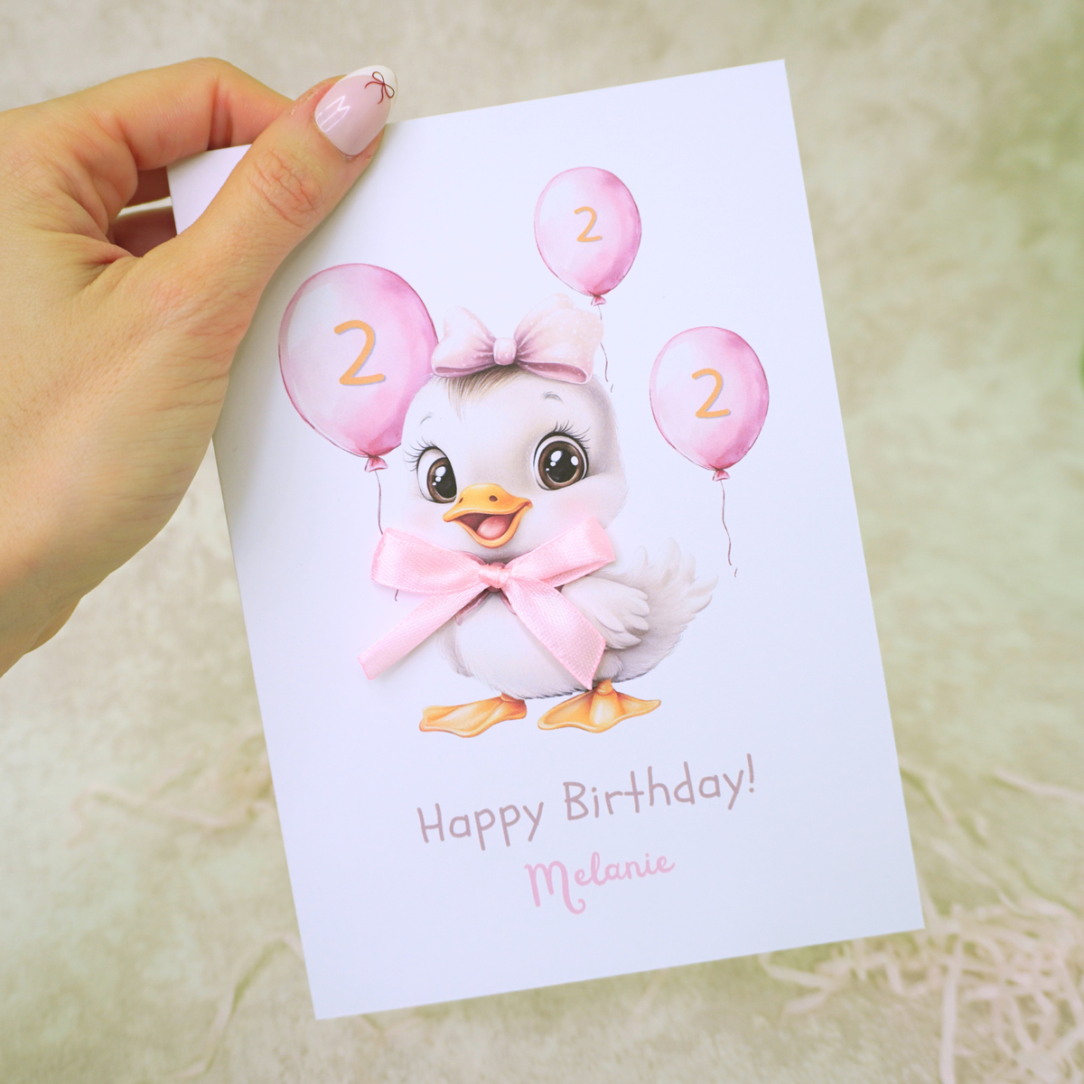 Personalised 2nd Birthday Card Girl – Custom Name, Cute Duck Theme, 5x7 Handmade Card