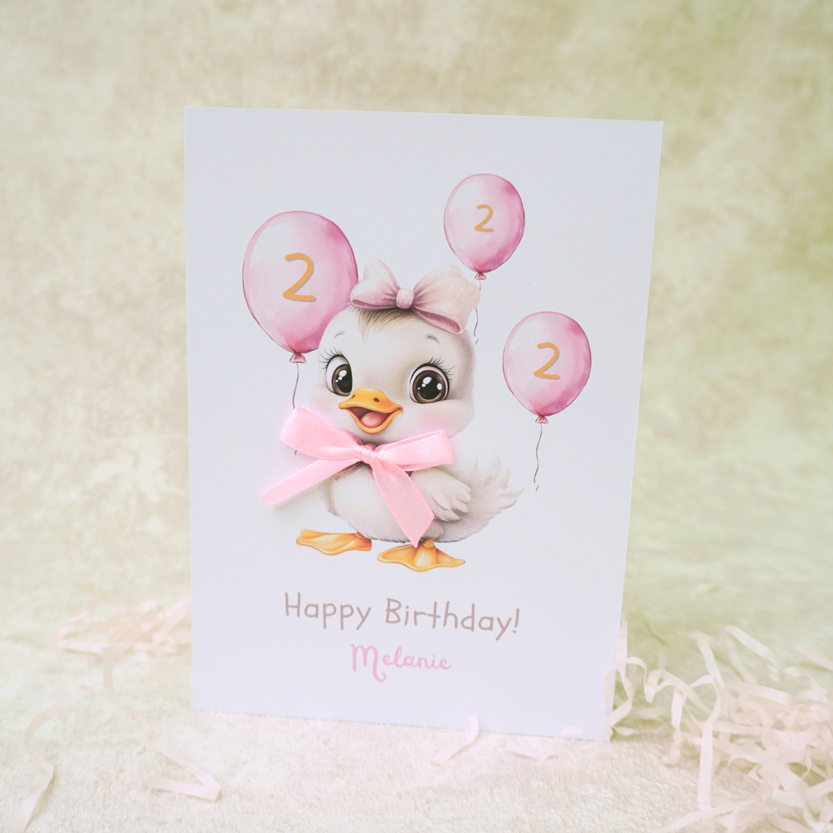 Personalised 2nd Birthday Card Girl – Custom Name, Cute Duck Theme, 5x7 Handmade Card