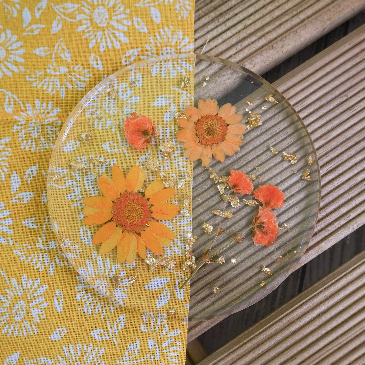 Resin Coaster with Real Dried Flowers & Gold Flakes in Color Orange