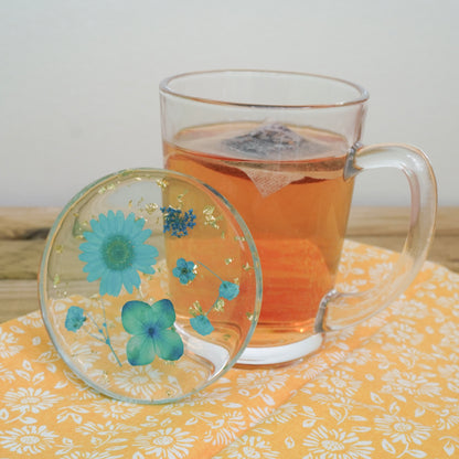 Resin Coaster with Real Dried Flowers & Gold Flakes in Color Blue